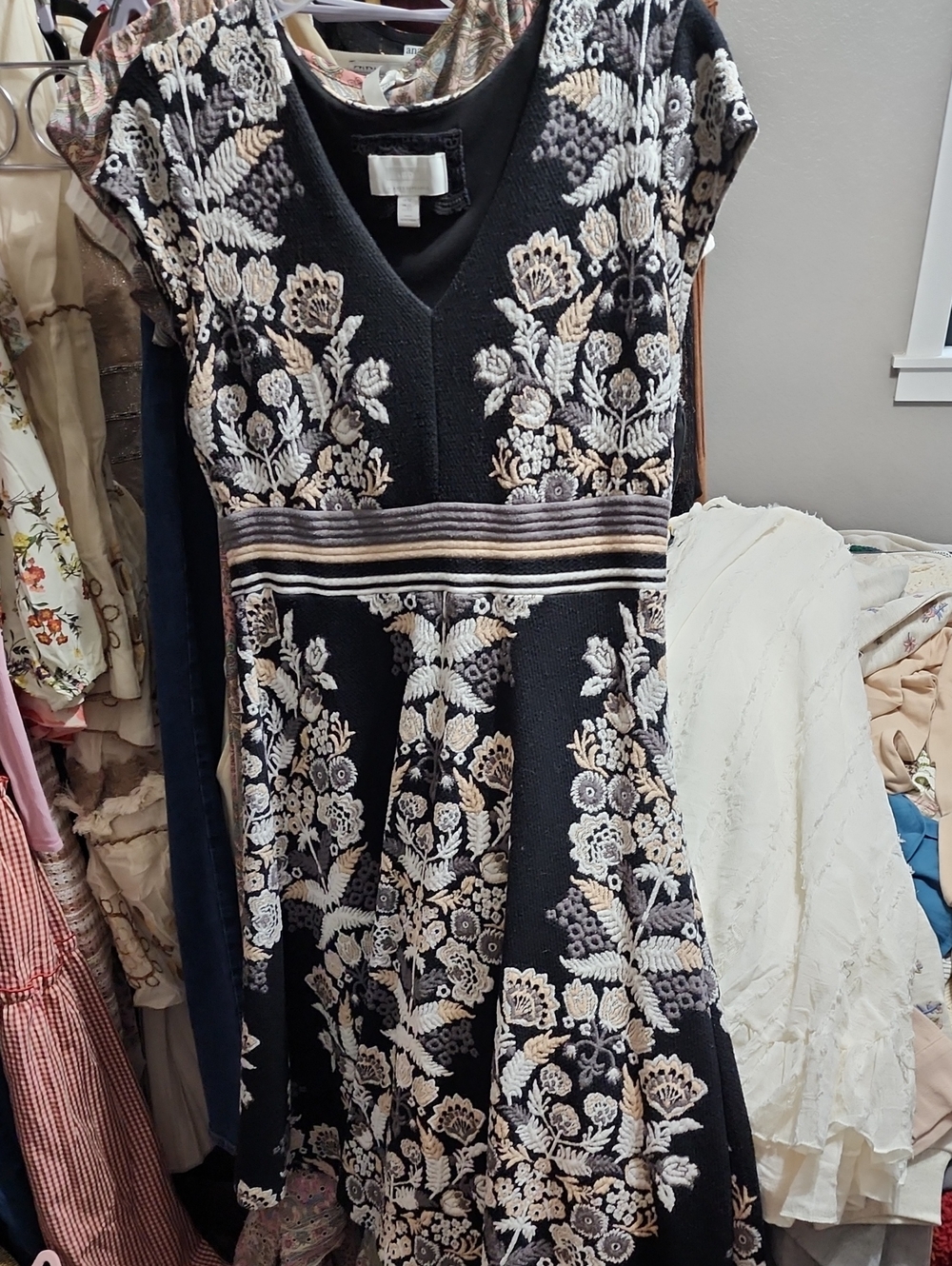 Anthropologie Black Midi Dress with Ivory Floral Embroidery